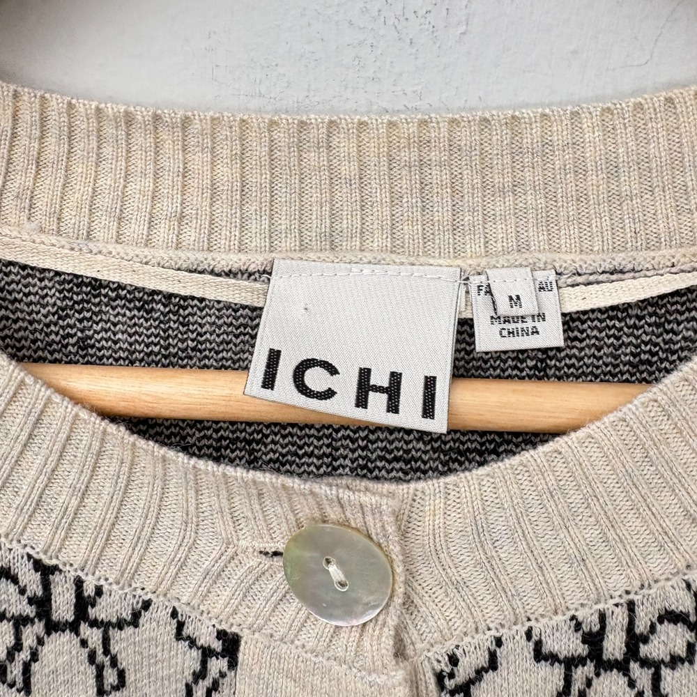 ICHI Ihbrielle Knit Cardigan Women Size Medium Bows Beige Black Button Up - Picture 4 of 15